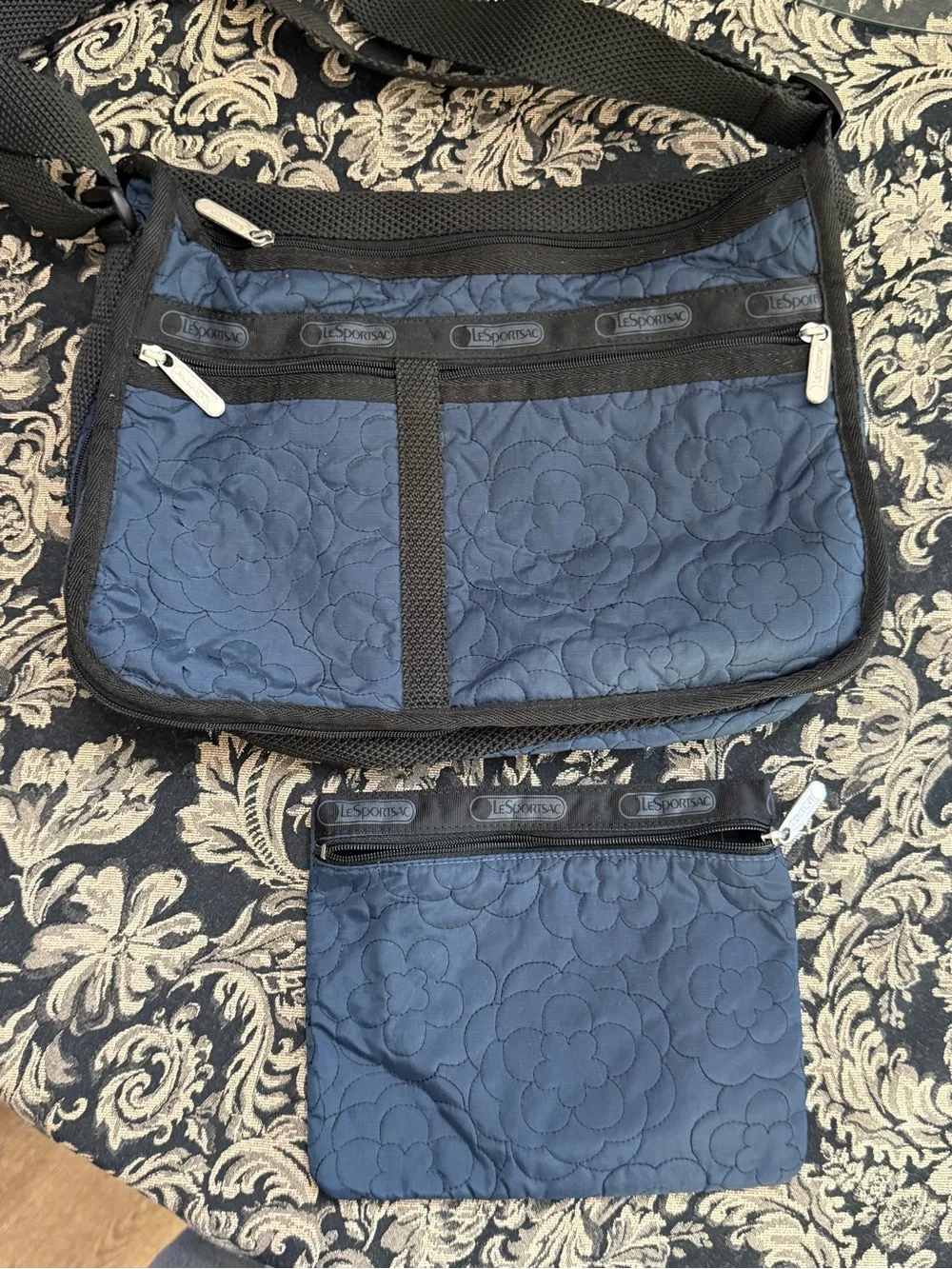 Lesportsac Navy Quilted Crossbody Messenger with Matching Pouch